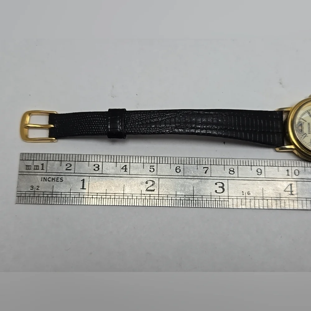 Womens Vintage Edison Moon Phase MOP 24mm Quartz Watch Gold Black New Battery